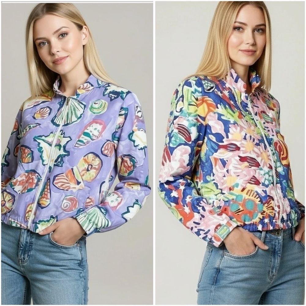 Vintage Huba 1980's Reversible Seashell Vibrant Tropical Fish Print Jacket Rare